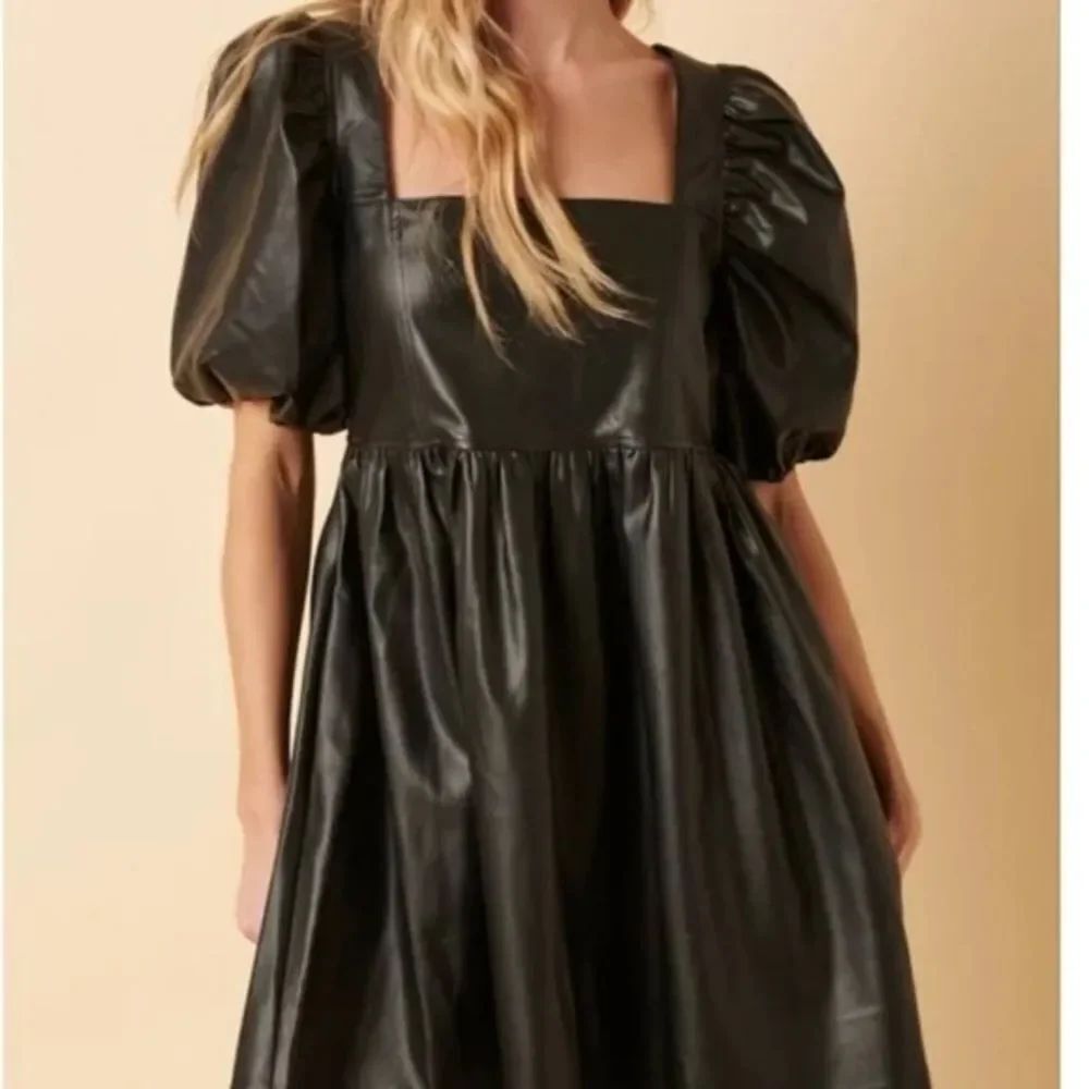 NWT Mittoshop Black Faux Leather Short Sleeve Babydoll Dress Large
